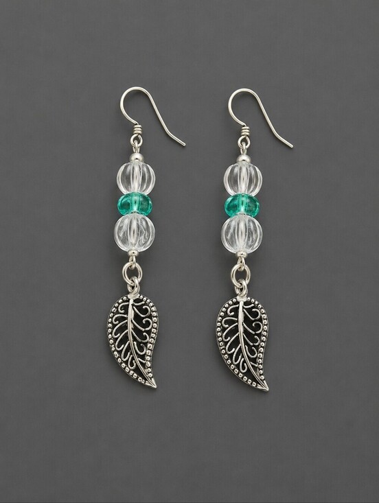 Hand Crafted Jewelry - HANDMADE Czech Glass Leaf Charm Dangle Hook Earrings